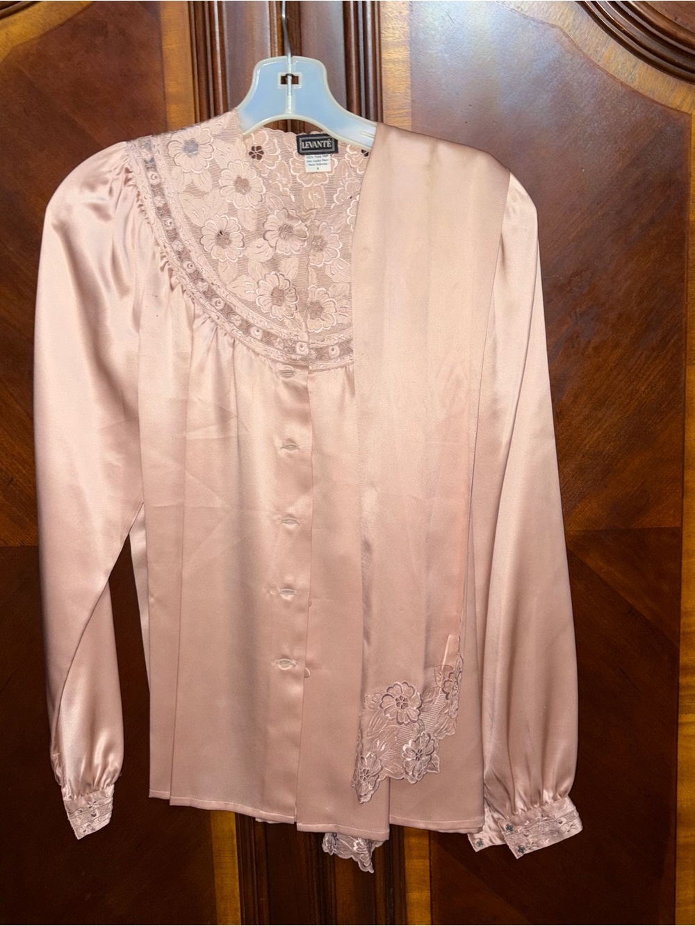 Women's Blush Pink Silk Button-Front Blouse with Lace and Scarf